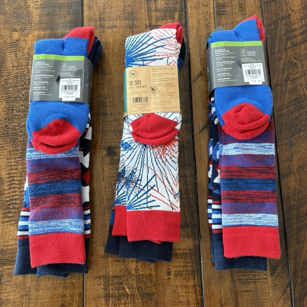 Lot Of 6 Pairs Ski Socks Mens‎ Womens Size L Fully Cushioned Blue/Red Unisex NEW
